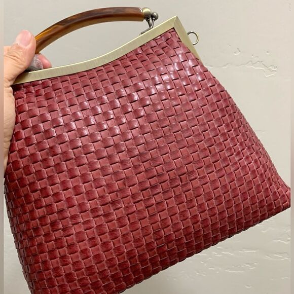 Handmade Genuine Woven Leather Double Kisslock Top Handle Bag & 2 Straps Style - Picture 14 of 16
